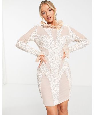 ASOS LUXE embellished contour mesh mini dress with ruffle neck and sleeve in blush & white-Multi