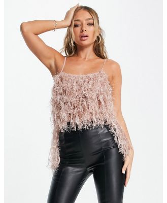 ASOS LUXE faux feather low back cami body in mink-Pink