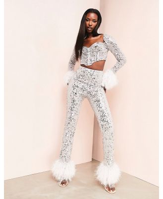 ASOS LUXE faux feather trim sequin pants in silver (part of a set)