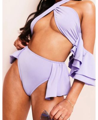 ASOS LUXE frill hem high leg bikini bottoms in lilac-Purple