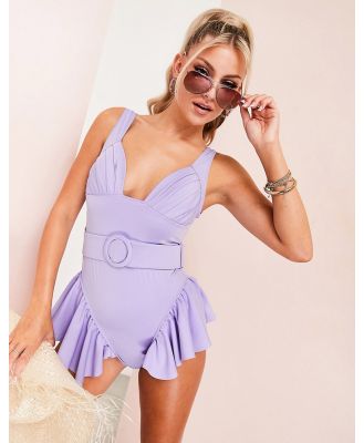 ASOS LUXE frill hem high leg swimsuit with belt in lilac-Purple