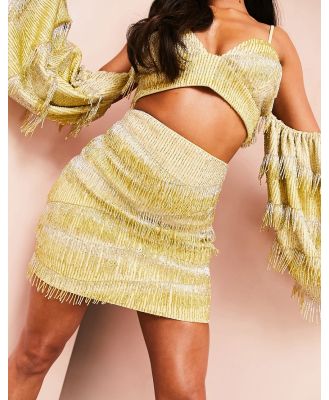 ASOS LUXE fringe beaded mini skirt in yellow (Part of a set)