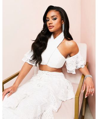 ASOS LUXE halterneck lace ruffle beach sleeve crop top in white
