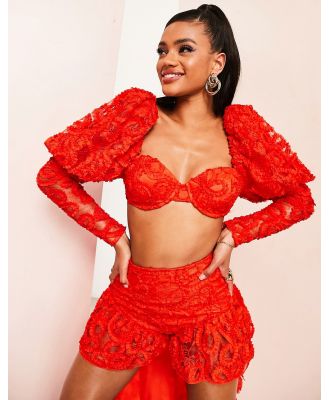 ASOS LUXE lace long sleeve crop top with puff sleeves in orange (part of a set)-Green