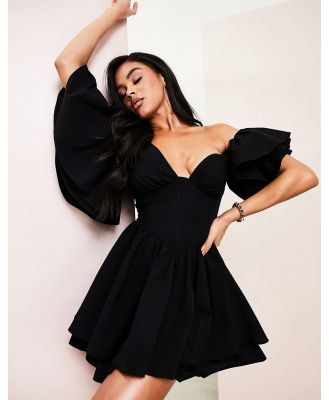 ASOS LUXE one shoulder cotton dress with corset detail and ruffles in black