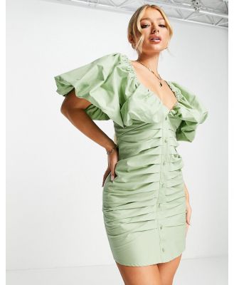 ASOS LUXE pleated front poplin mini dress with back bow tie in sage green
