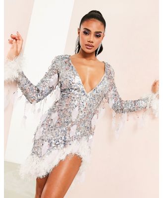 ASOS LUXE plunge neck asymmetric sequin mini dress with faux feather detail in silver-Blue