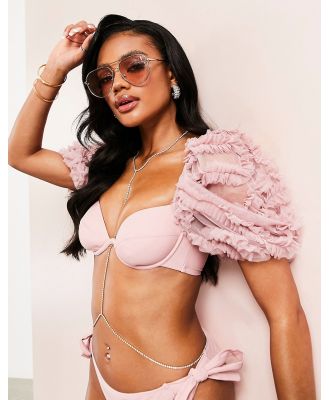 ASOS LUXE puff sleeve 3D lace bikini top in mink-Pink