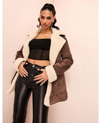 ASOS LUXE real suede ruched waist aviator coat with faux shearling in brown