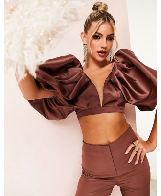 ASOS LUXE satin exaggerated puff sleeve plunge crop top in brown (part of a set)