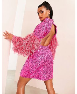 ASOS LUXE sequin blazer dress with cut out back with faux feather sleeve in pink