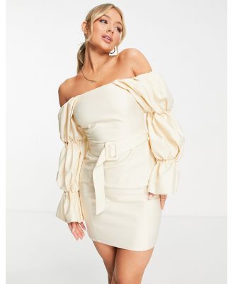 ASOS LUXE stetch linen belted extreme sleeve dress in stone-Neutral