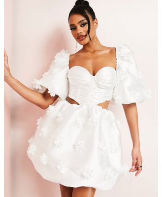 ASOS LUXE sweetheart corsetted puff sleeve mini dress with 3D flowers in white