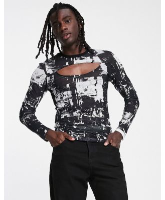 ASOS Unrvlld Spply muscle fit long sleeve t-shirt in all over print power mesh in black and white