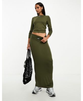 ASOS Weekend Collective jersey midi skirt with woven label in olive (part of a set)-Green