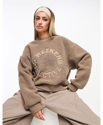 ASOS Weekend Collective oversized borg sweatshirt with embroidered logo in taupe-Neutral
