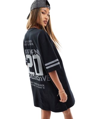 ASOS Weekend Collective oversized t-shirt dress with stacked back graphic in black
