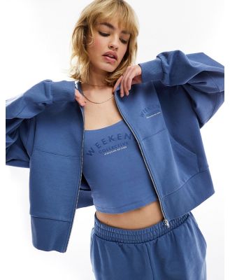 ASOS Weekend Collective zip through hoodie with logo in blue (part of a set)