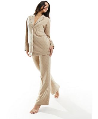 4th & Reckless Artemis embossed logo cosy jersey pyjama pants in beige-Neutral