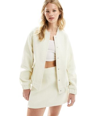 4th & Reckless crochet pocket detail bomber jacket in cream (part of a set)-White