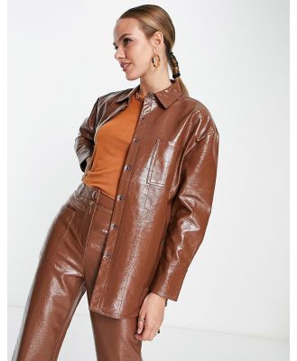 4th & Reckless oversized leather look embossed shirt in chocolate (part of a set)-Brown