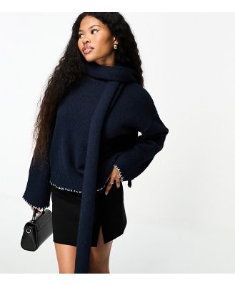 4th & Reckless Petite exclusive oversized contrast stitch jumper with scarf in navy