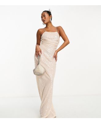 4th & Reckless Petite exclusive sequin square neck low cross back maxi dress in cream-White