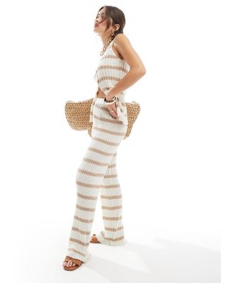 4th & Reckless Revello stripe knit loose fit beach pants in beige (part of a set)-White