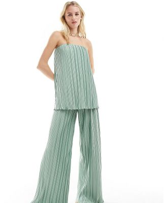 4th & Reckless Tall exclusive pleated wide leg pants in sage (part of a set)-Black