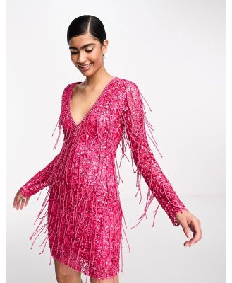 A Star is Born embellished plunge front tassel mini dress in bright pink