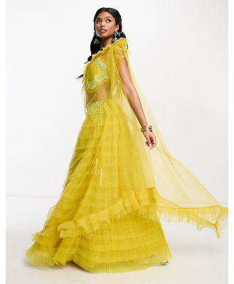 A Star Is Born tiered tulle lehenga skirt and dupatta in mustard yellow (part of a set)
