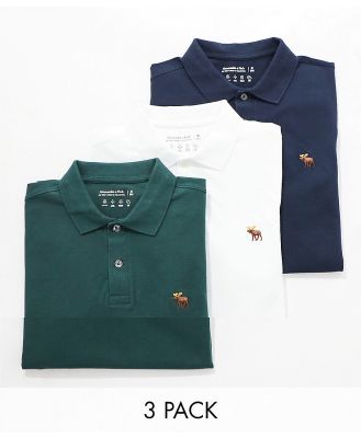 Abercrombie & Fitch 3 pack icon logo pique polo in white/green/navy-Multi