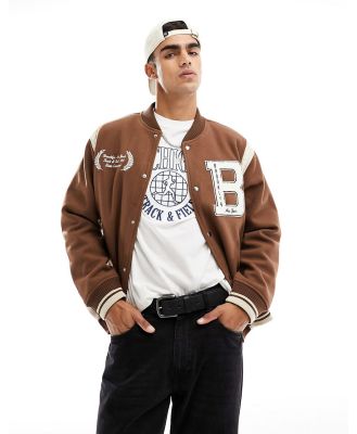 Abercrombie & Fitch badge logo varsity bomber jacket in tan-Brown
