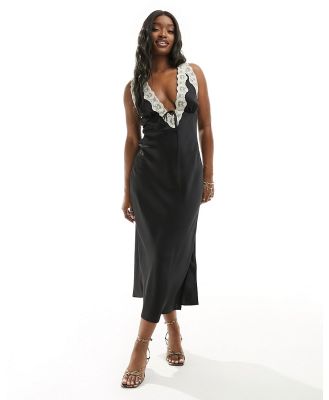 Abercrombie & Fitch contrast lace midi slip dress in black