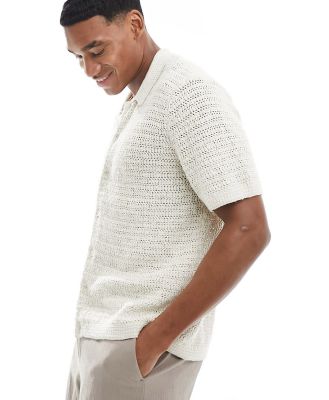 Abercrombie & Fitch crochet knit short sleeve polo shirt in cream-White