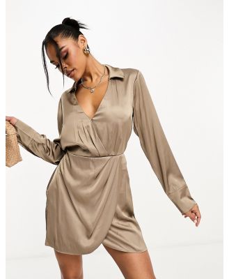 Abercrombie & Fitch draped satin shirt dress in mink-Brown