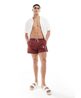 Abercrombie & Fitch embroidered 5in pull on swim shorts in burgundy