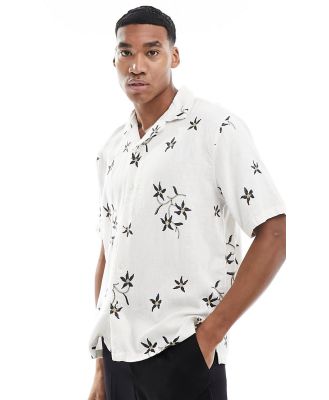 Abercrombie & Fitch floral embroidery linen blend short sleeve shirt in white with revere collar