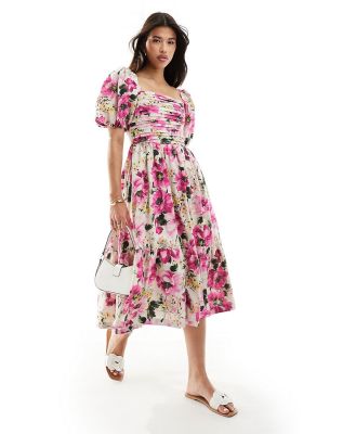 Abercrombie & Fitch linen blend Emerson puff sleeve midi dress in pink floral print
