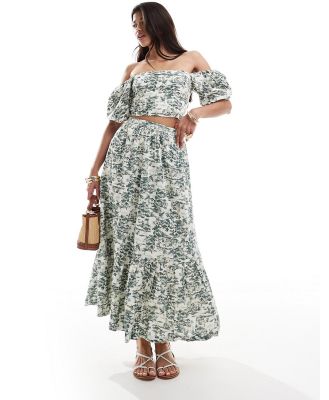 Abercrombie & Fitch linen look tiered maxi skirt in green floral print (part of a set)
