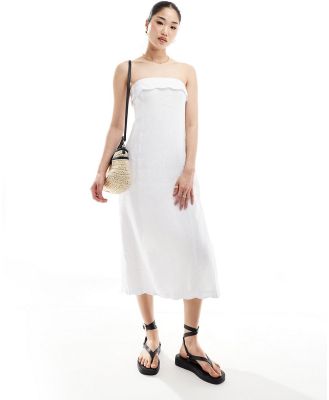 Abercrombie & Fitch linen midi strapless dress with scallop edge in white