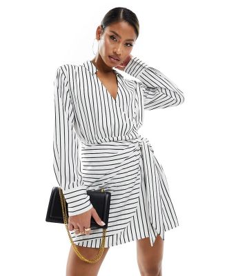 Abercrombie & Fitch long sleeve draped striped shirt dress in white