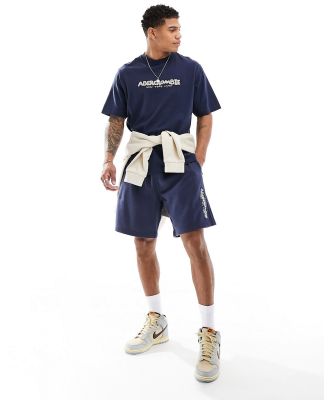 Abercrombie & Fitch Mix & Match chainstitch embroidered logo 9in french terry sweat shorts in dark blue-Navy
