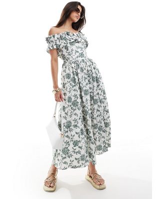 Abercrombie & Fitch off the shoulder ruffle midi dress in white with green floral print