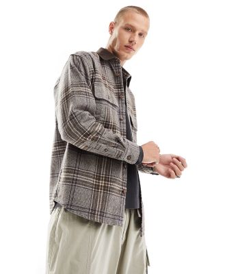 Abercrombie & Fitch oversized fit chunky flannel shirt with cord collar in brown check-Grey