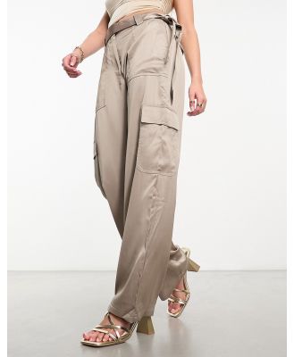 Abercrombie & Fitch satin belted cargo pants in beige-Neutral