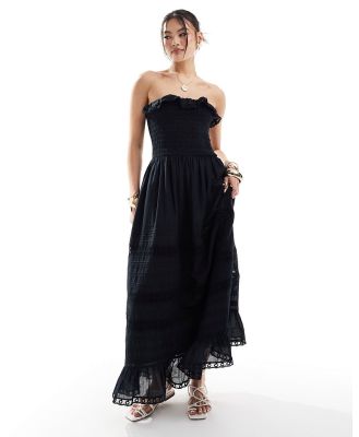 Abercrombie & Fitch strapless broderie detail maxi dress in black