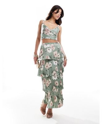 Abercrombie & Fitch tiered floral print satin maxi skirt in green (part of a set)