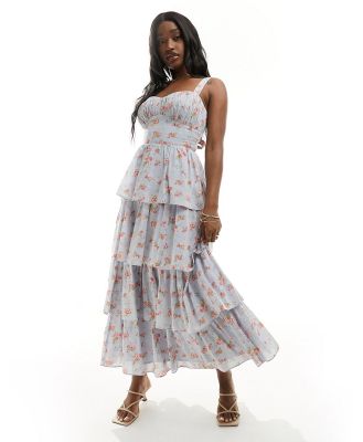 Abercrombie & Fitch tiered maxi dress with lace up back in blue floral