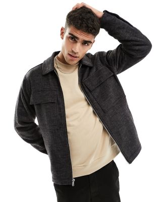 Abercrombie & Fitch wool zip front shirt jacket in black